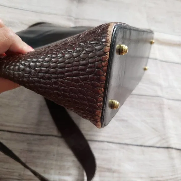 BRAHMIN Black Leather Brown Pecan Croc Embossed Vintage Handbag